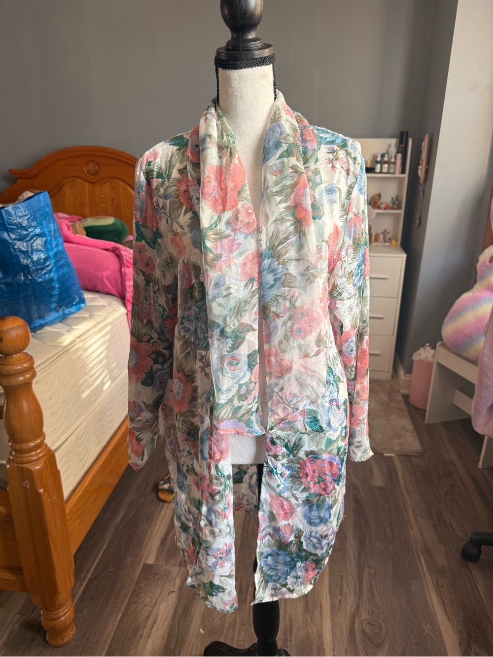 VTG Victoria's Secret Floral Sheer Waterfall Open Front Kimono Duster Size P/S